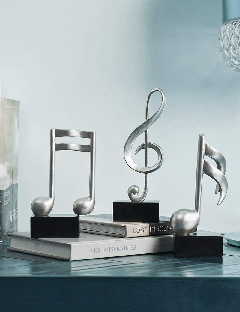 3Pcs Musical Note Scultura Statua Pianoforte Decorative Statuetta Resina Regali Argento 19Cm