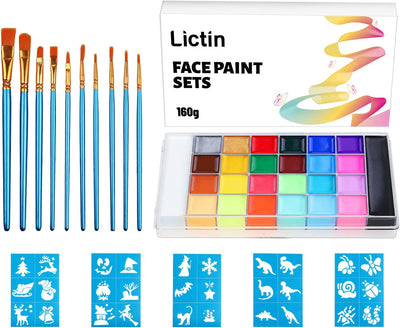 Truccabimbi Kit,Face Paint-26 Colori,Kit per La Pittura Del Viso per Bambini,10 Pennelli Professionali,30 Stencil