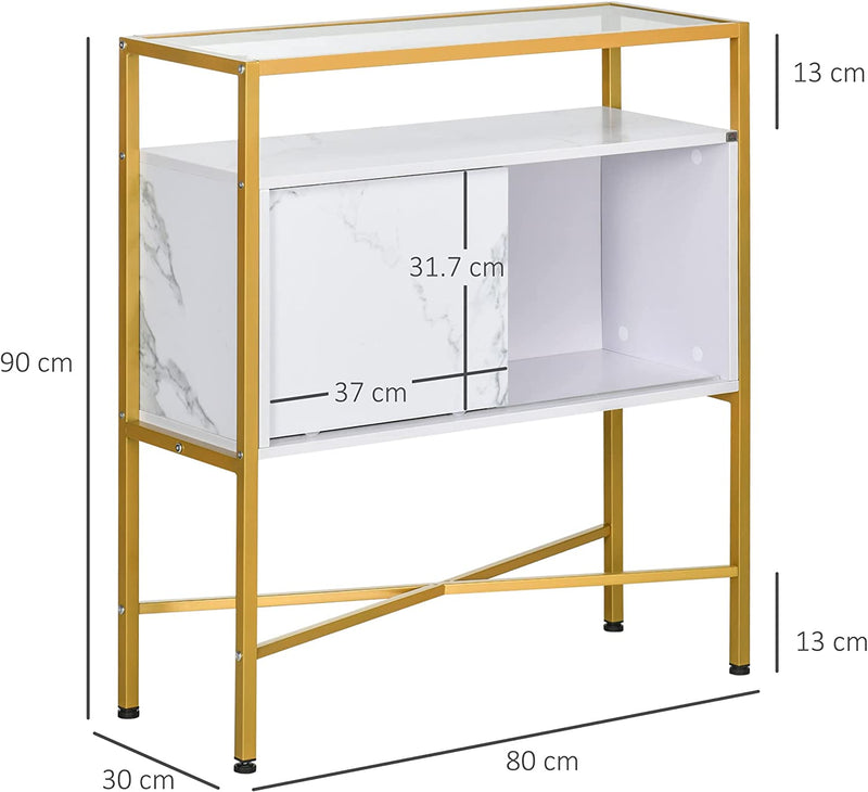 Mobile Multiuso per Soggiorno, Cucina O Ingresso Con Piano in Vetro, Ripiano Aperto in MDF E Gambe in Acciaio, 80X30X90 Cm, Bianco E Oro