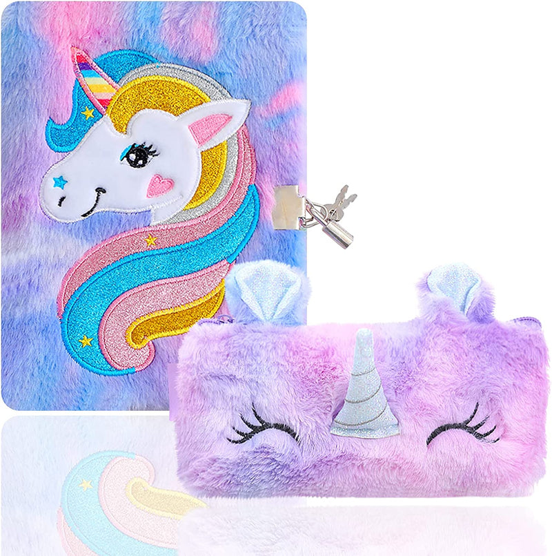 Diario Segreto Bambina Con Lucchetto, Unicorno Diario in Peluche Set Include Un Taccuino Unicorno E Un Astuccio Unicorno, Unicorno Bambina Regalo 6 7 8 9 10 11 12 Anni, Viola