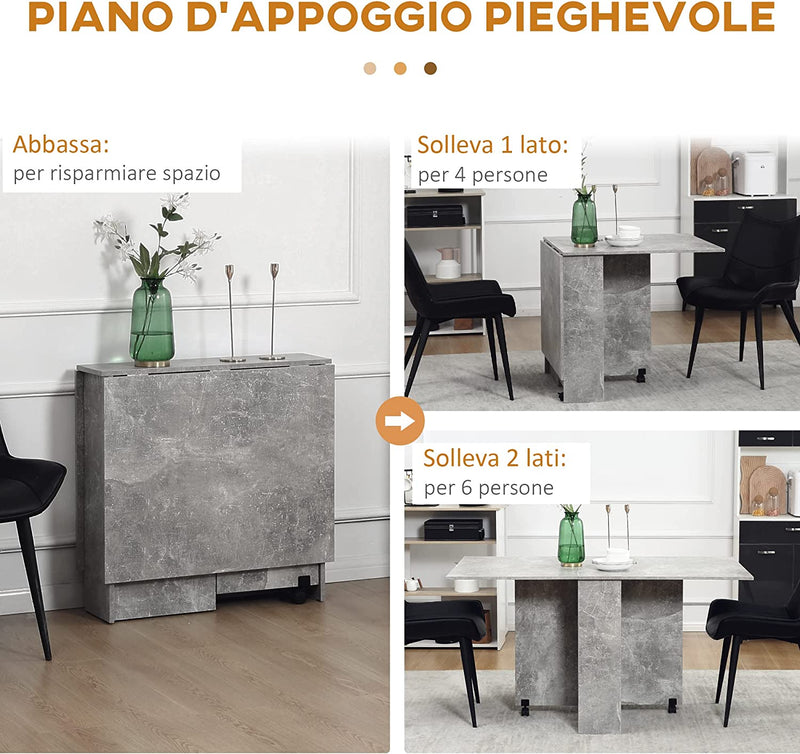 Tavolo Pieghevole in Legno per 4-6 Persone, Tavolo Da Pranzo Richiudibile Con Ruote, 75X140X74Cm, Grigio