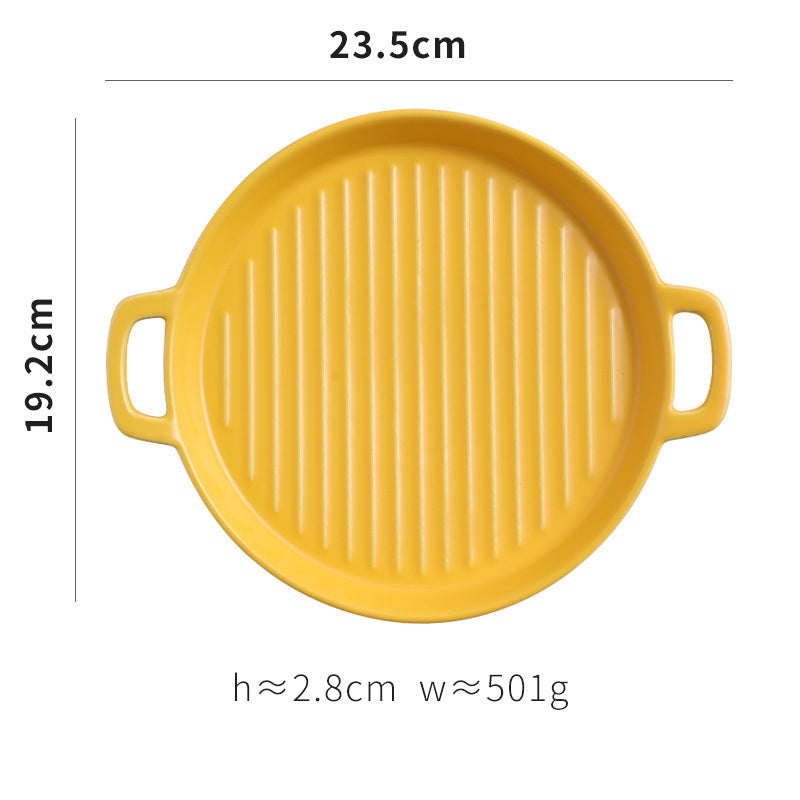 Binaural Baking Tray Pizza Tray round Dish Plate Dish Creative Oven Ceramic Net Celebrity Tableware Microwave Flat Plate