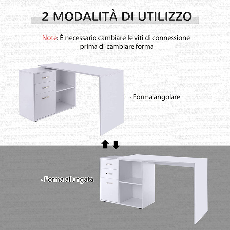 Scrivania Angolare per Computer Da Ufficio Con Cassettiera 117×83.5×76Cm Bianco