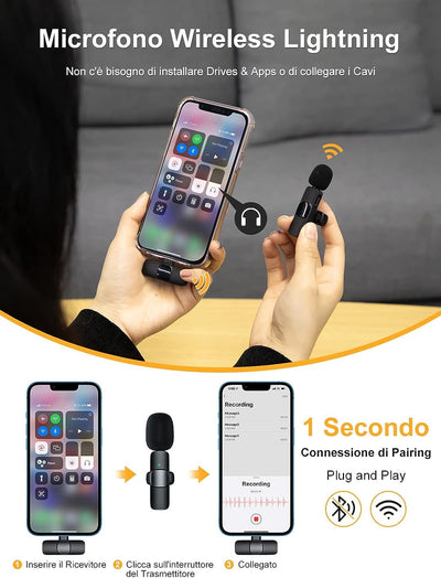 Microfono Wireless Iphone, CP1(A) 2,4 Ghz Microphone Con Interfaccia Lightning per Iphones, Ipad per Youtube, Live Stream, Vlogging, Intervista, Microfono-Lavalier-Wireless-Ipad-Iphone 13/12/11