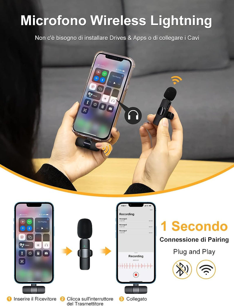 Microfono Wireless Iphone, CP1(A) 2,4 Ghz Microphone Con Interfaccia Lightning per Iphones, Ipad per Youtube, Live Stream, Vlogging, Intervista, Microfono-Lavalier-Wireless-Ipad-Iphone 13/12/11