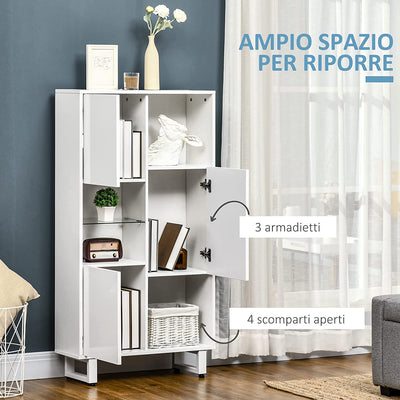 Credenza Moderna Con 4 Vani Aperti E 3 Armadietti, Madia in Legno per Soggiorno E Salotto, 70X24.3X132Cm, Bianco