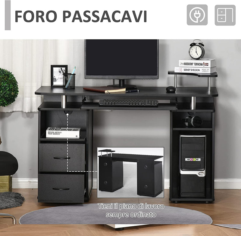 Scrivania per Computer Moderna Porta PC, Scrivania Da Ufficio in Legno Con Cassetti, Mensola Estraibile E Porta Tastiera, 120X55X85Cm, Nero