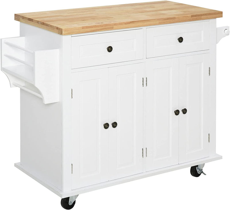 Carrello Da Cucina Portavivande Con Cassetti, Armadietti, Portaspezie E 4 Ruote, Legno, 111X44.5X82.5Cm, Bianco