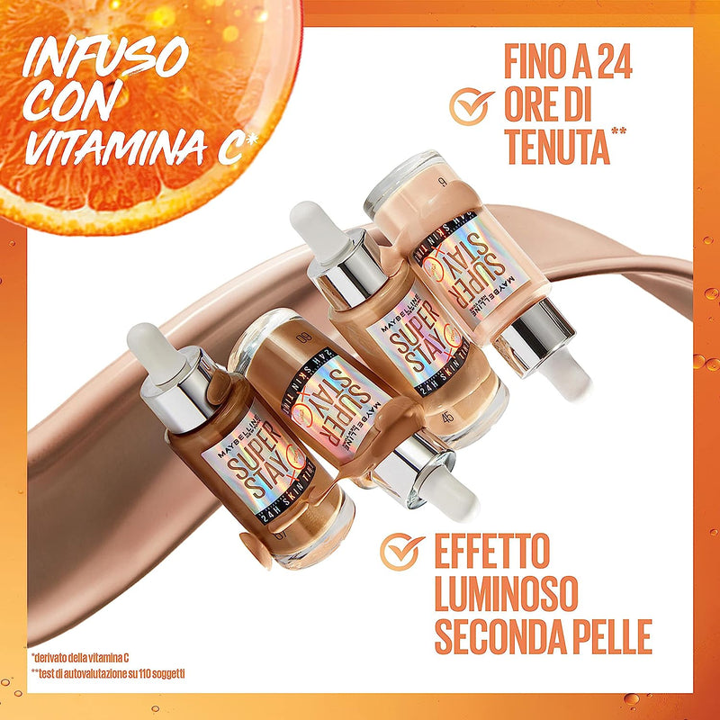 New York, Fondotinta in Siero, per Una Pelle Luminosa, Effetto Naturale, 24H Di Tenuta, Con Vitamina C, Superstay Skin Tint, Tonalità 10, 30 Ml