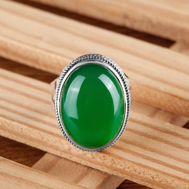 925 Sterling Silver Thai Silver Natural Green Chalcedony Ring Vintage Index Ring Female Exaggerated Gemstone Ring