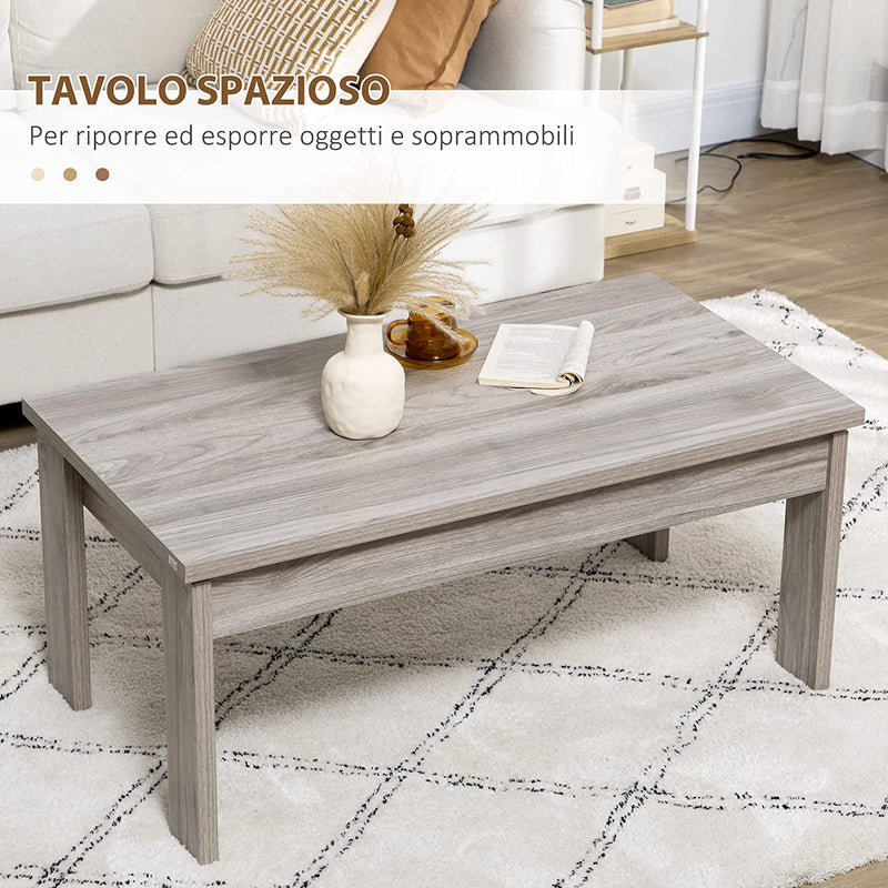 Tavolino Basso Da Caffè in Truciolato Grigio per Soggiorno E Studio Con Piano Rettangolare E 4 Gambe, 100X55X45 Cm