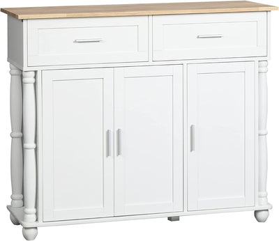 Isola per Cucina in MDF E Legno Di Pino Con 2 Cassetti, 2 Armadietti E Ripiani Interni Regolabili in 3 Posizioni, 106X39.5X89.5 Cm, Bianco