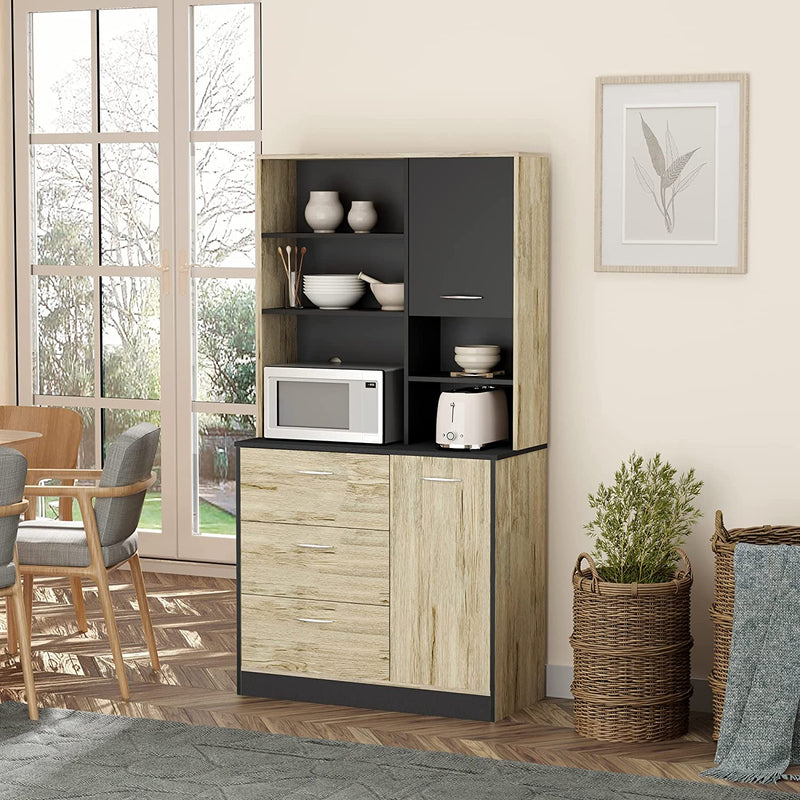 Mobile Cucina Credenza Moderna Salvaspazio Con 2 Armadietti 3 Cassetti 3 Ripiani Legno 90 X 39 X 169Cm Bicolore Grigio Rovere Chiaro