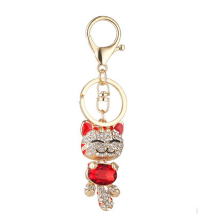 Fashion Enamel Lucky Cat Crystal Keychain Alloy Keyring for Women Party Gift Key Chains