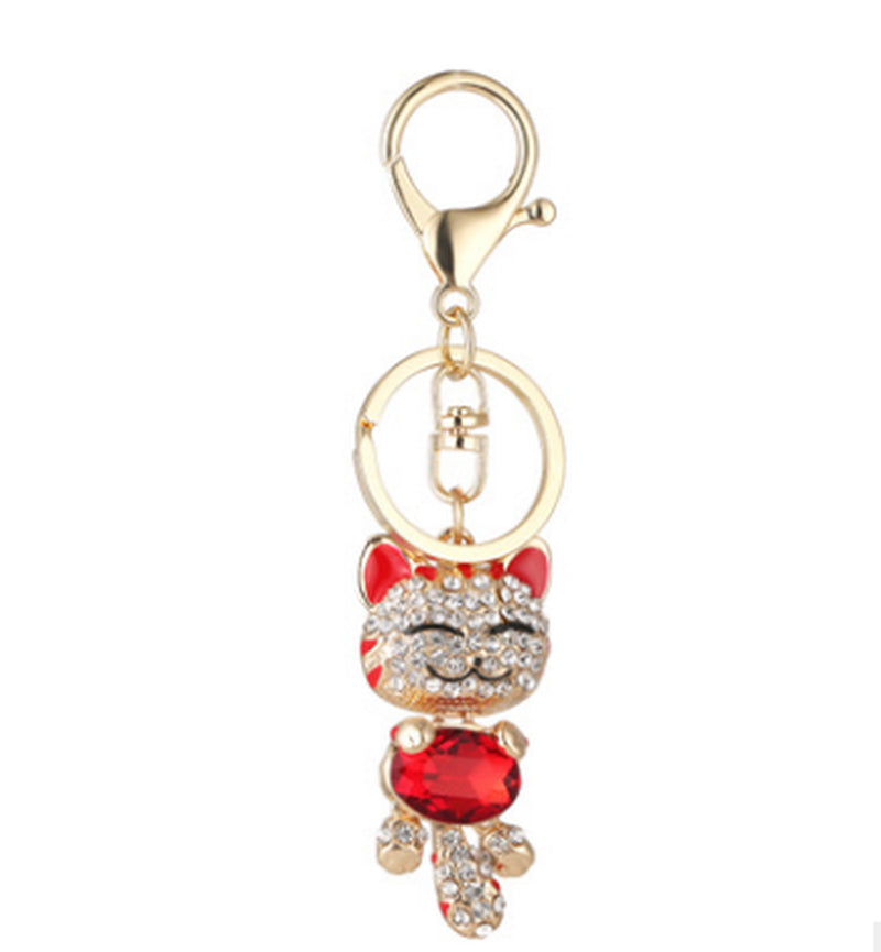 Fashion Enamel Lucky Cat Crystal Keychain Alloy Keyring for Women Party Gift Key Chains