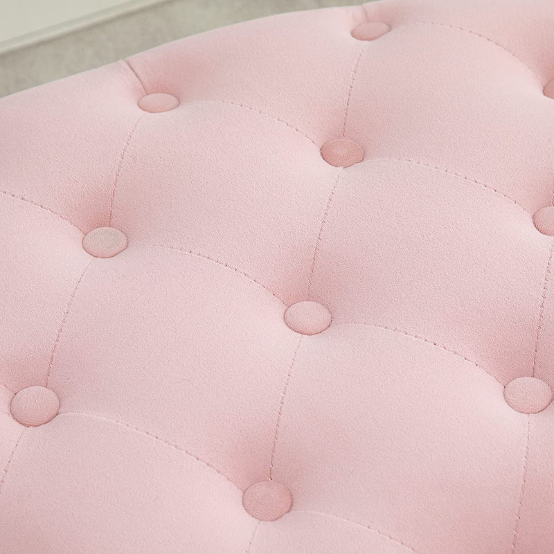 Pouf Contenitore Con Coperchio Imbottito E Trapuntato, Poggiapiedi in Velluto Ovale per Salotto E Camera Da Letto, Rosa