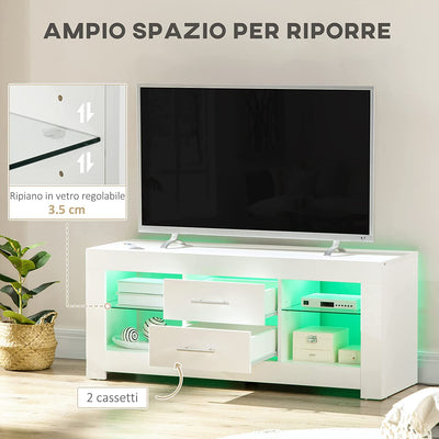 Mobile Porta TV Da 55" Con Luci LED a 12 Colori E Telecomando, Mobile Da Salotto in Legno Con Mensole in Vetro 120X40X50Cm, Bianco