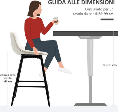 Set 2 Sgabelli Da Bar Con Schienale E Poggiapiedi, Sedie Imbottite Alte Stile Nordico in Metallo E Velluto, Bianco Crema, 45X47X88 Cm