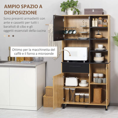 Mobile Cucina Moderno in Truciolato E Legno Di Pino Con Cassetti E Ripiani Regolabili, 90X40X180 Cm, Color Legno E Nero