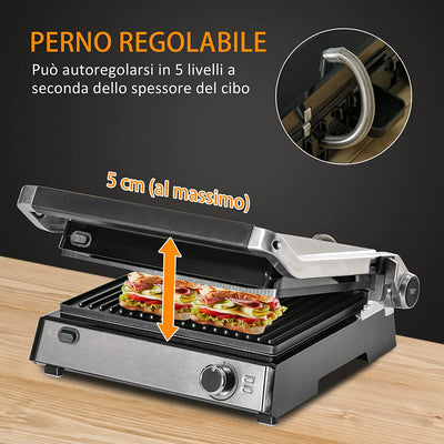 Piastra Elettrica 2000W Apribile a 180° in Alluminio E Acciaio Inox per 4 Fette Con Spatola E Vassoio Antigoccia, 29X51.6Cm, Argento E Nera