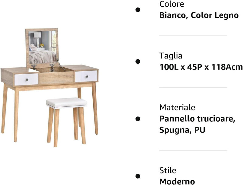 Tavolo Da Trucco Moderno Con Specchio Estraibile, Organizer Gioielli, 2 Cassetti E Sgabello, Color Legno