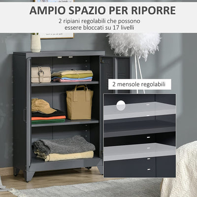 Mobiletto Multiuso a 2 Ante Stile Industriale, Armadietto Metallico per Casa E Garage, 75X33X110Cm, Grigio