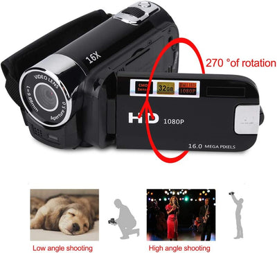 Videocamera Digitale HD Videocamera Digitale Videocamera Full HD 270 ° Rotazione 1080P 16X Videocamera Digitale Ad Alta Definizione Videocamera DV Videocamera 1080P(Eu-Nero)