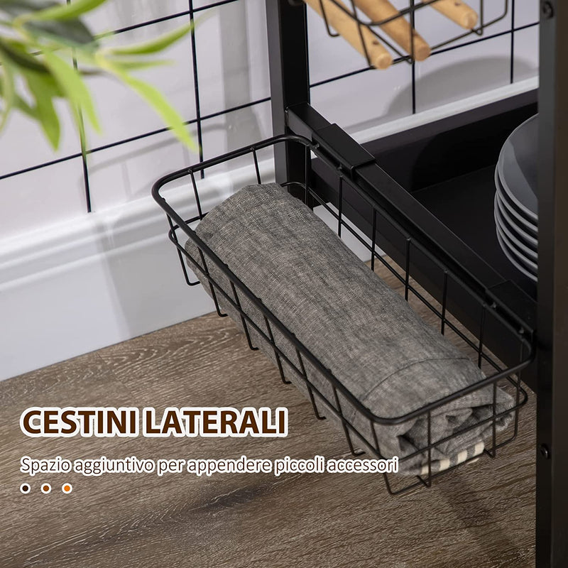 Carrello Da Cucina a 3 Livelli Con 2 Ruote, Un Cesto Estraibile E Un Vassoio in MDF E Acciaio, 75X43.5X91 Cm, Color Legno E Nero