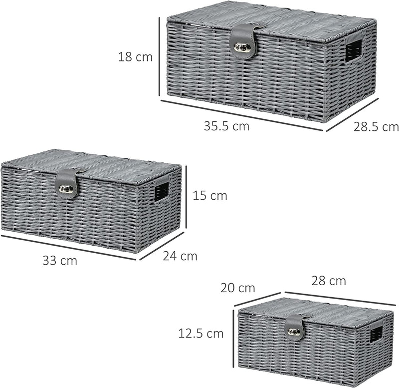 Set Di 3 Cesti in Vimini PP Con Coperchio, Contenitori Rettangolari Di Diverse Dimensioni, Grigio