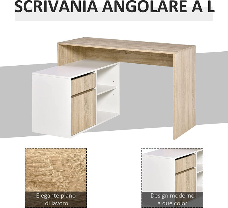 Scrivania Angolare, Scrivania Ad Angolo per Computer Da Camera O Ufficio, Scrivania Salvaspazio in Legno, Rovere E Bianco