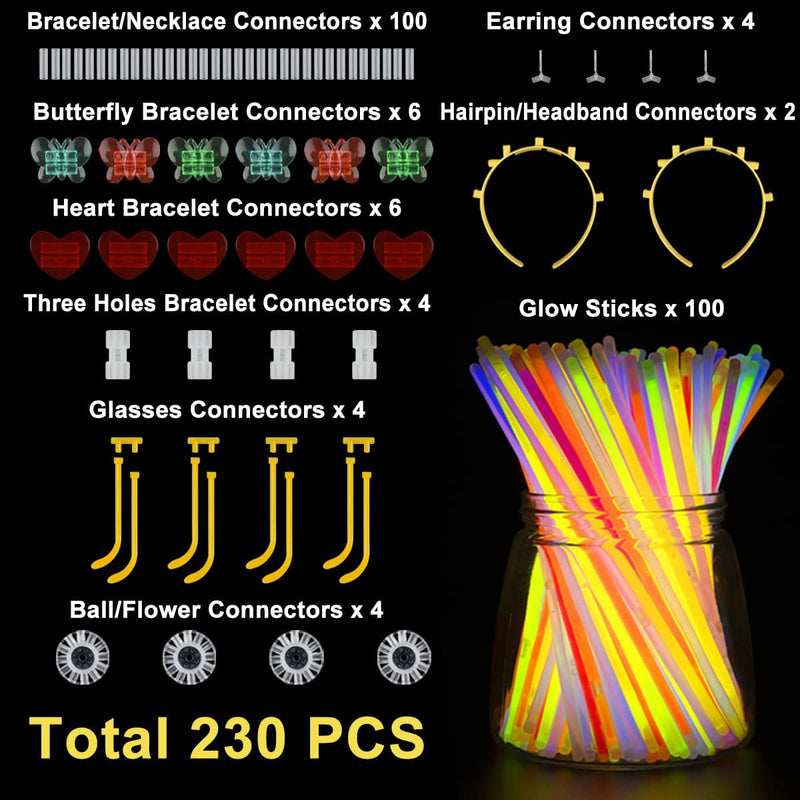 230 Fluo Party Kit, Braccialetti Luminosi Fluorescenti Bambini Adulti Starlight Glow Sticks E Connettori per Bracciali Occhiali Gadget per Comleanno Feste Carnevale Capodanno Pasqua