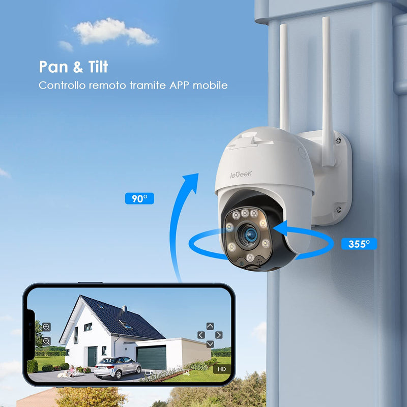 Telecamera Wi-Fi Esterno 360° PTZ Wifi Videocamera Sorveglianza Con 1080P Visione Notturna a Colori, Tracciamento Automatico, IP66 Impermeabile, Rilevamento Del Movimento, Audio Bidirezionale…