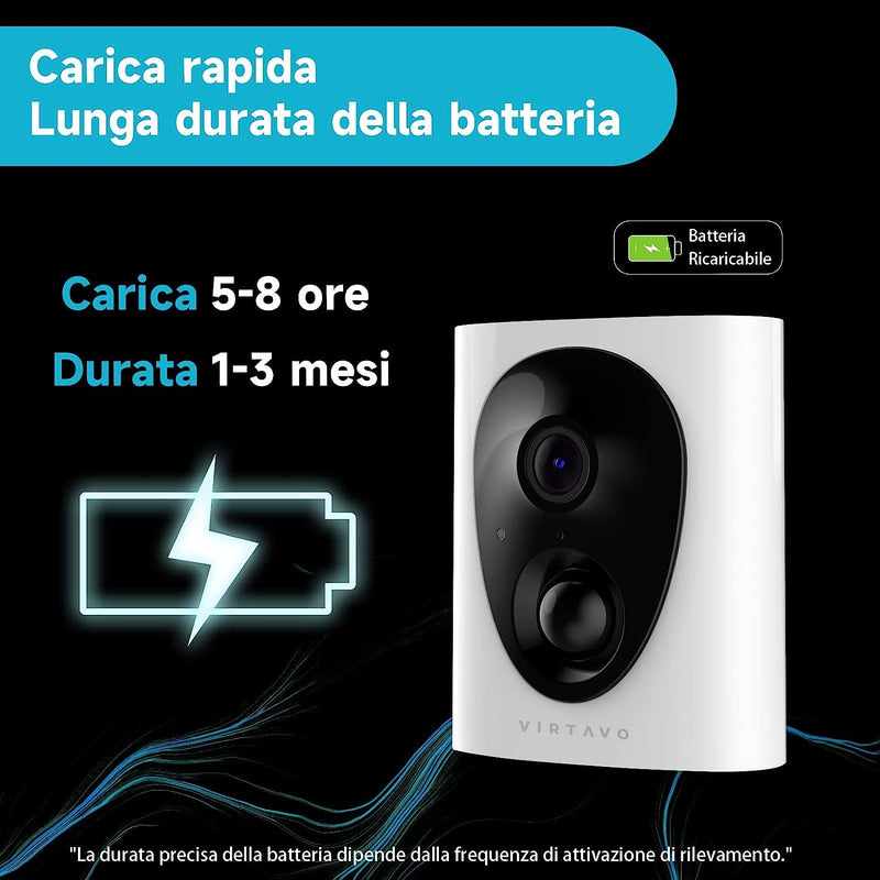 Telecamera Wi-Fi Esterno, 1080P Videocamera Sorveglianza Wifi Senza Fili, a Batteria Ricaricabile, AI Rilevamento Movimento PIR, Visione Notturna a Colori, 2 Vie Audio, Alexa, Sirena, Sd/Cloud