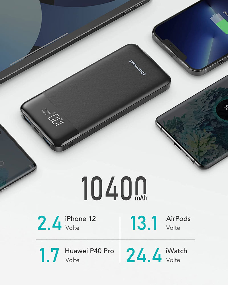 Power Bank 10400Mah, USB C Caricabatterie Portatile Con LED Digitale Display Batteria Esterna Portatile Con 2 Ingressi E 3 Uscite Da 5V/3A per Huawei Xiaomi Smartphone.(Nero)