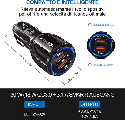 Caricabatteria Da Auto, Caricatore Accendisigari 2 Porte USB 3.0 Ricarica Veloce Compatibile Con Iphone, Samsung Galaxy, Huawei, Xiaomi, Tablet, LJ0SGV