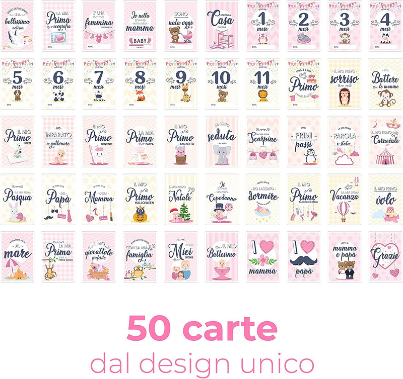 Scatola Dei Ricordi Neonato - Regalo per La Nascita - 50 Milestone Baby Cards Italiano - Pietre Miliari Bambini