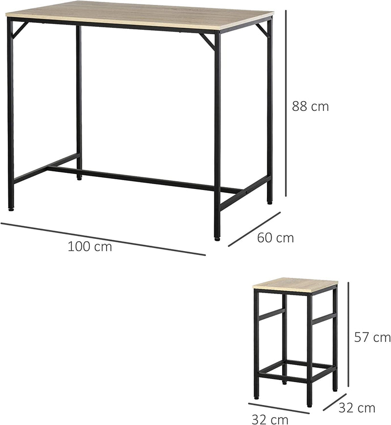 Set Tavolo Alto Con 4 Sgabelli Stile Industriale in Metallo E Legno, Arredamento Moderno Soggiorno E Cucina, Rovere Chiaro