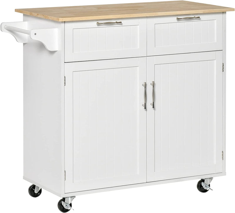 Carrello Da Cucina Multiuso in Legno, Mobile Da Cucina Salvaspazio Con 2 Cassetti, Armadietto E 4 Ruote, 104X46X91Cm, Bianco