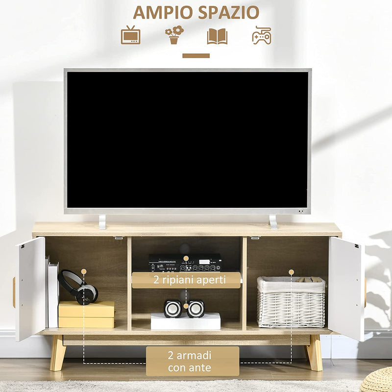 Mobile TV Moderno Con Armadietti E Vani Aperti, Mobiletto Basso in Legno per TV Fino 55", 120X40X55Cm, Legno Naturale E Bianco