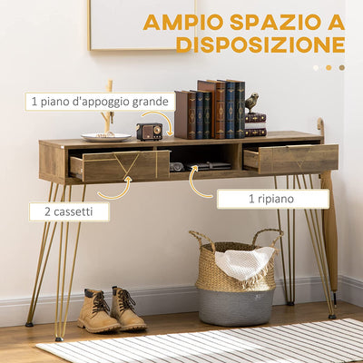 Tavolo Consolle in Truciolato E Acciaio per Ingresso E Soggiorno Con Piano D'Appoggio, Ripiano Aperto E 2 Cassetti, 120X29X79 Cm, Bronzo