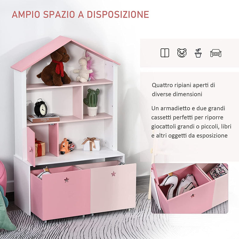 Libreria Scaffale Portagiochi Rosa per Cameretta Bimbi E Ragazzi Con 2 Cassetti Estraibili, 80 X 34 X 130 Cm