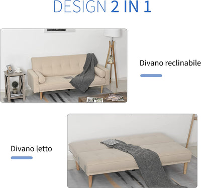 Divano Letto 3 Posti Con Schienale Regolabile Su 3 Livelli, 2 Cuscini E Braccioli Rimovibili, Beige, 185X84X85Cm