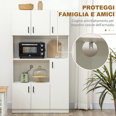 Mobile Dispensa Alto in Truciolato Con 6 Armadietti E 2 Ripiani Aperti, per Cucina, Sala Da Pranzo E Soggiorno 100X40X180 Cm, Bianco