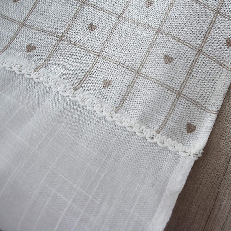 Coppia Tendine Finestra Shabby Chic Cuore in Tessuto Ricamata Sweet Home, Tenda 60X150Cm 3D Fiocco Beige Bianco