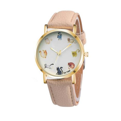 Cats Cute Watch Women PU Leather round Dial Students Fashion Wristwatch Sleeping Cat Fox Animal