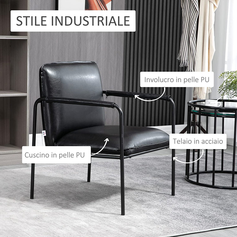 Poltroncina Da Camera in Finta Pelle PU E Acciaio, Poltrona Imbottita in Stile Industriale per Salotto E Ufficio, 60X59X78Cm, Nero