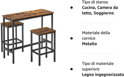 Tavolo Alto, Set Di Tavolo E Sgabelli Da Bar, Tavolo Da Colazione Con Sgabelli, Set Di 2, Struttura in Acciaio Industriale, Marrone Vintage E Nero LBT218B01