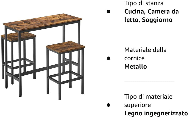 Tavolo Alto, Set Di Tavolo E Sgabelli Da Bar, Tavolo Da Colazione Con Sgabelli, Set Di 2, Struttura in Acciaio Industriale, Marrone Vintage E Nero LBT218B01