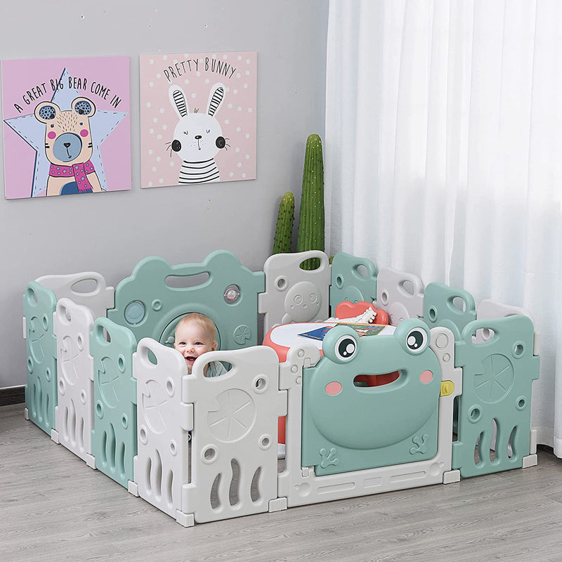 Recinto per Bambini Box Modulare 14 Pezzi, Porta Con Blocco E Giochi Integrati, Plastica PP, 154X154X62Cm, Verde