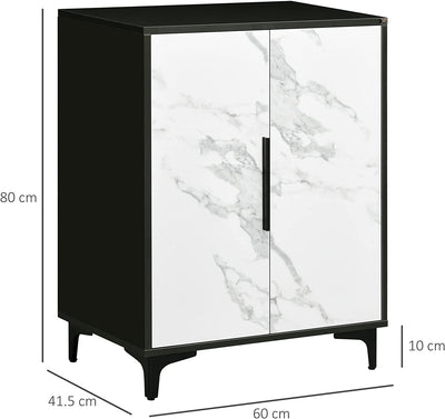 Mobiletto Multiuso Con Ante Effetto Marmo, Mobile Da Soggiorno Con Mensola Regolabile in MDF E Acciaio, 60X41.5X80Cm